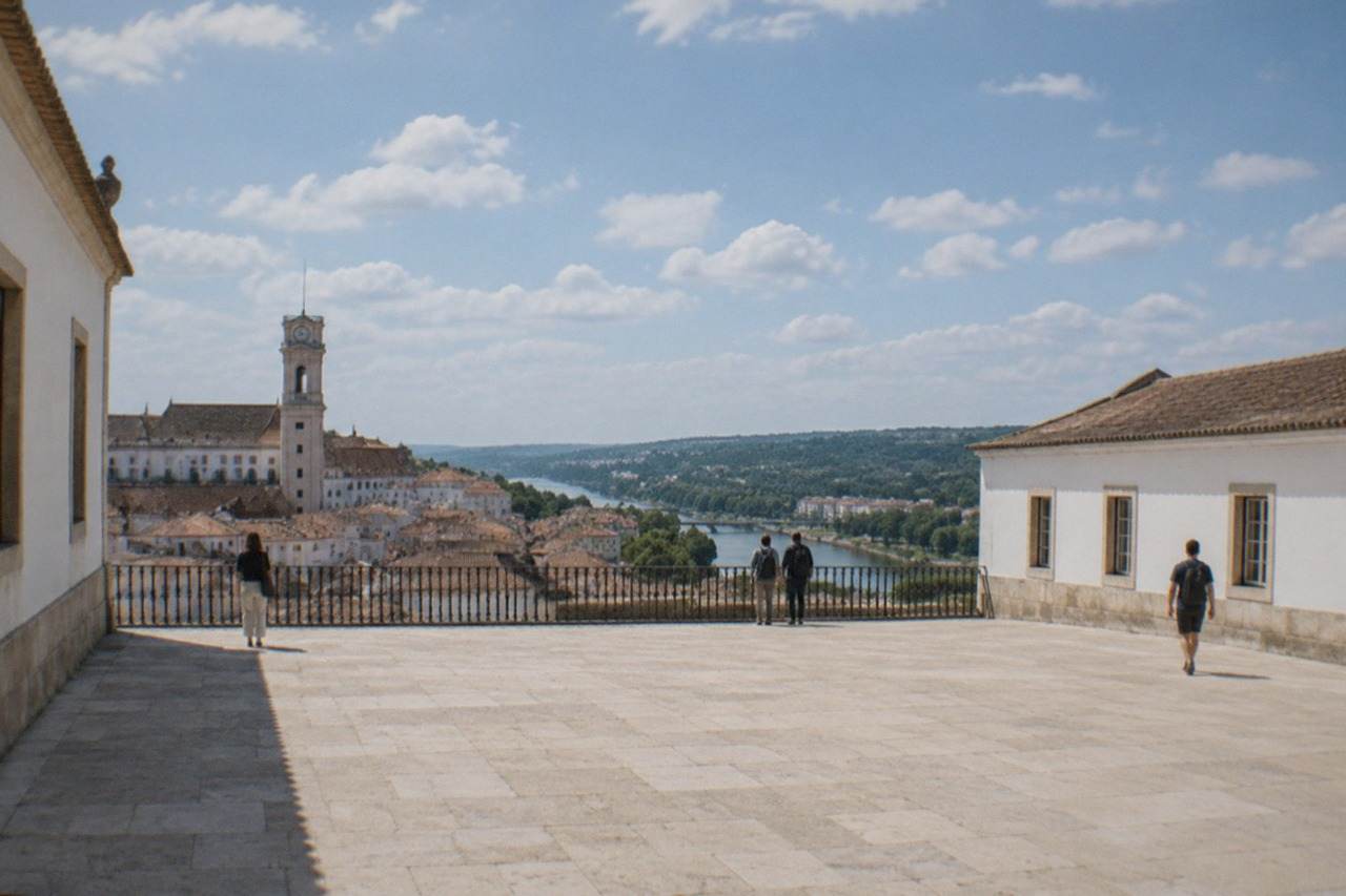 The University of Coimbra tower rising above the tiled roofs of the old town
