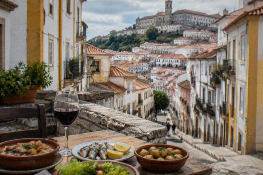 A table set with regional Portuguese dishes and a glass of red wine