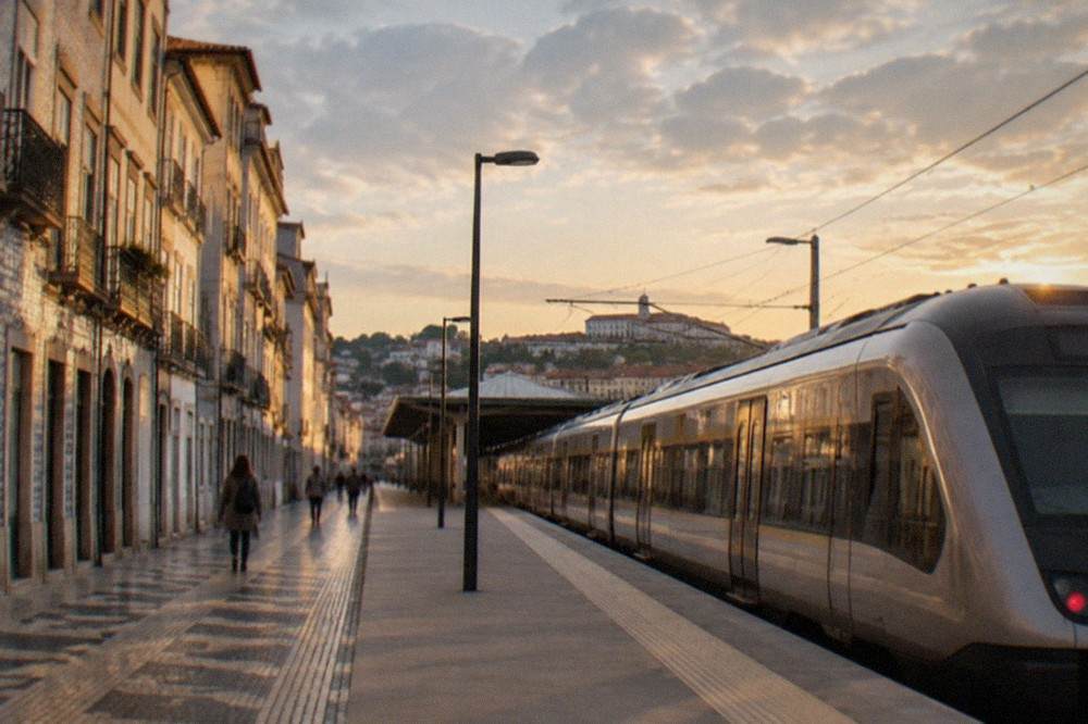 A modern intercity train standing at a platform in a Portuguese railway station.
