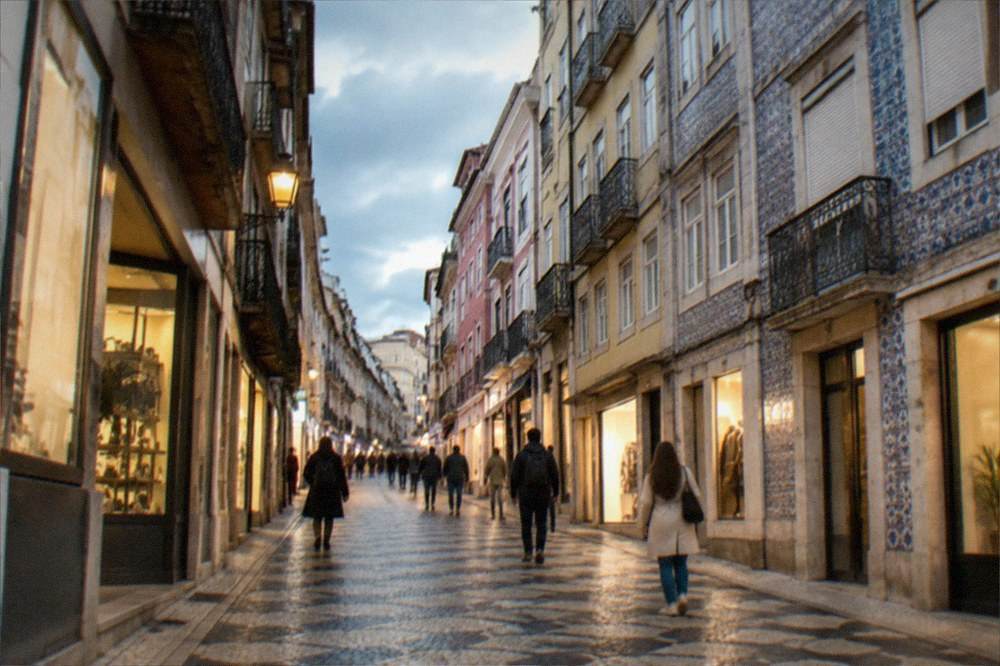 An evening street in Coimbra's lower town with lit shopfronts and pedestrians