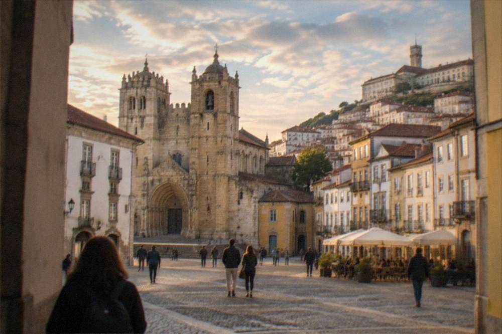 Pedestrians on a cobbled square in central Coimbra with the old cathedral in the background
