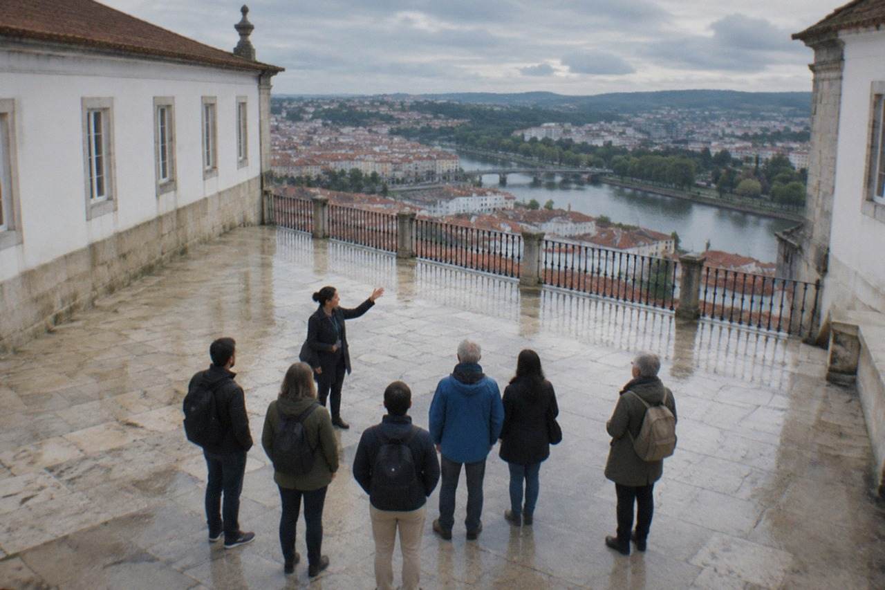 A licensed guide speaking to a small group of visitors outside the University of Coimbra