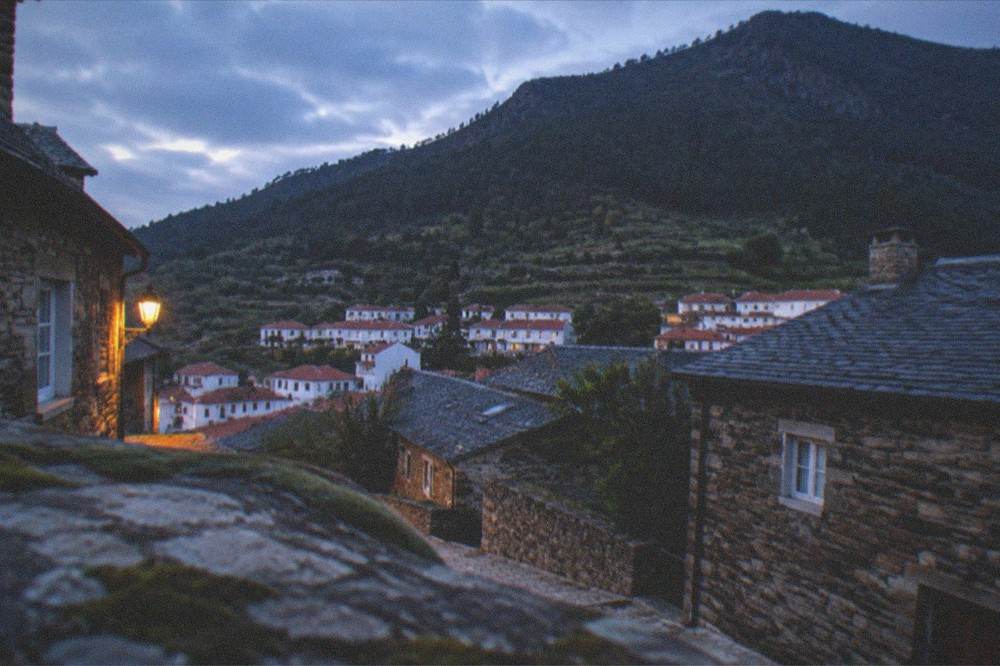 Schist stone houses with slate roofs in a mountain village near Lousa