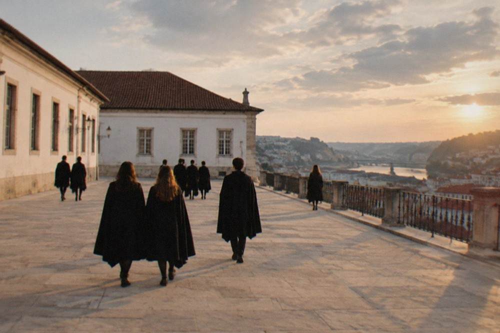 Students in traditional black capes walking through the old university courtyard in Coimbra