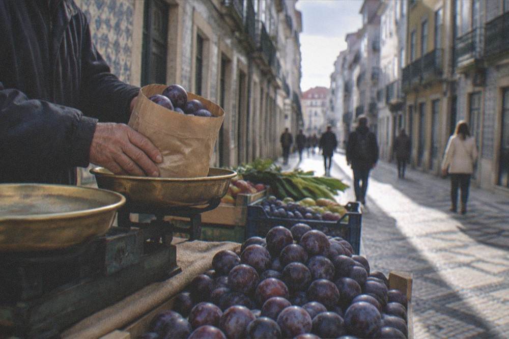 A vendor weighing plums in a paper bag on a brass scale at an outdoor market stall