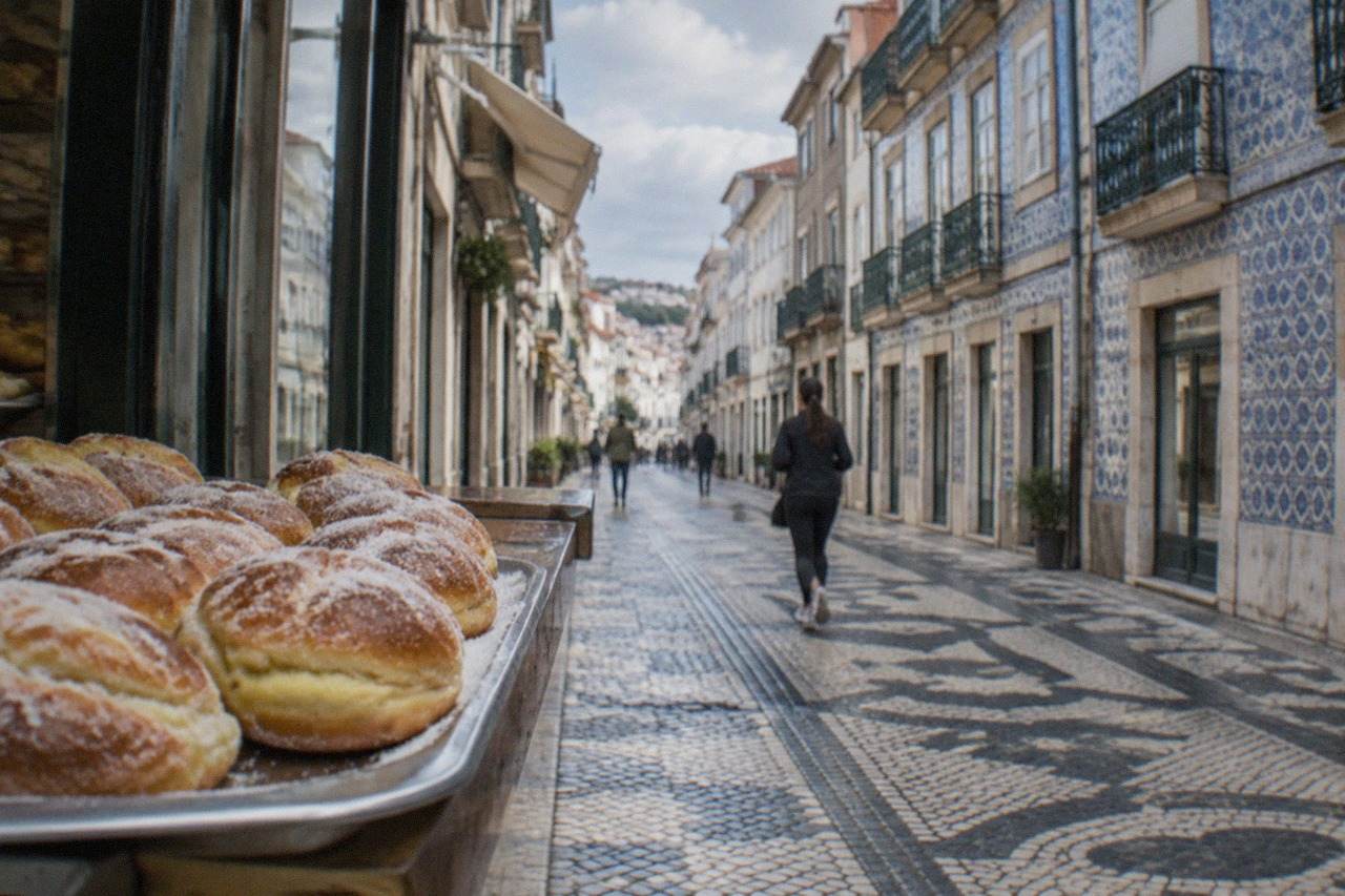 A tray of freshly baked round sweet buns dusted with sugar on a bakery counter