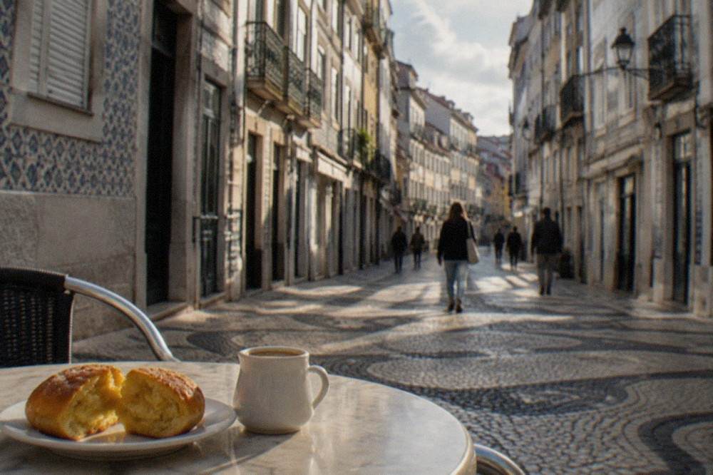 A split sweet bun with yellow crumb and a small jug of coffee on a marble café table