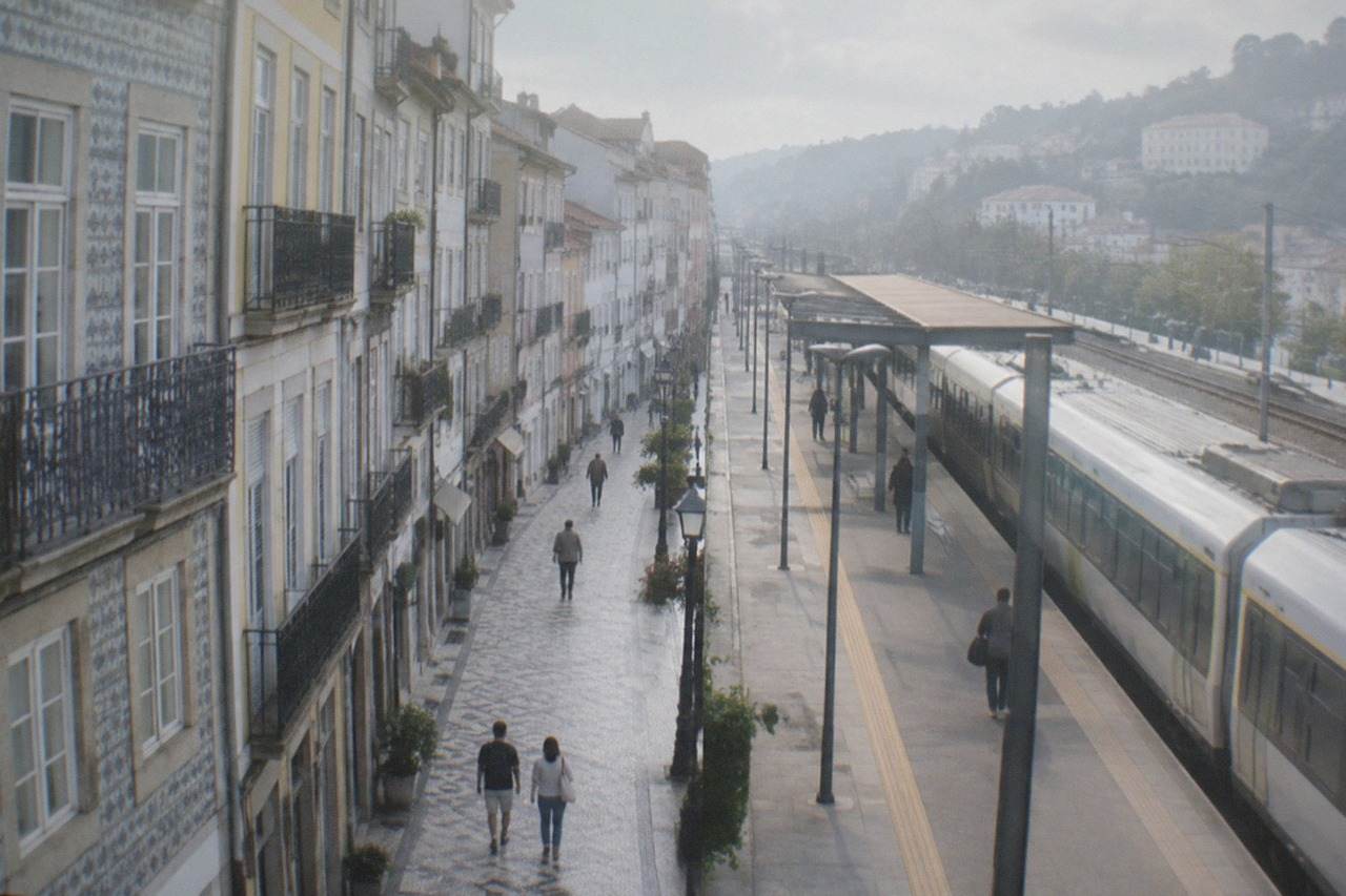 A regional train standing at a Portuguese railway station platform on a bright morning