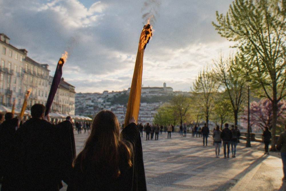 Burning faculty ribbons held aloft by students in black capes at night