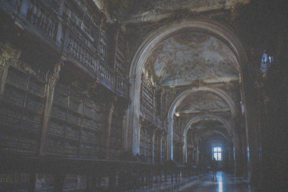 The baroque interior of the Joanina Library with its ornate painted bookshelves