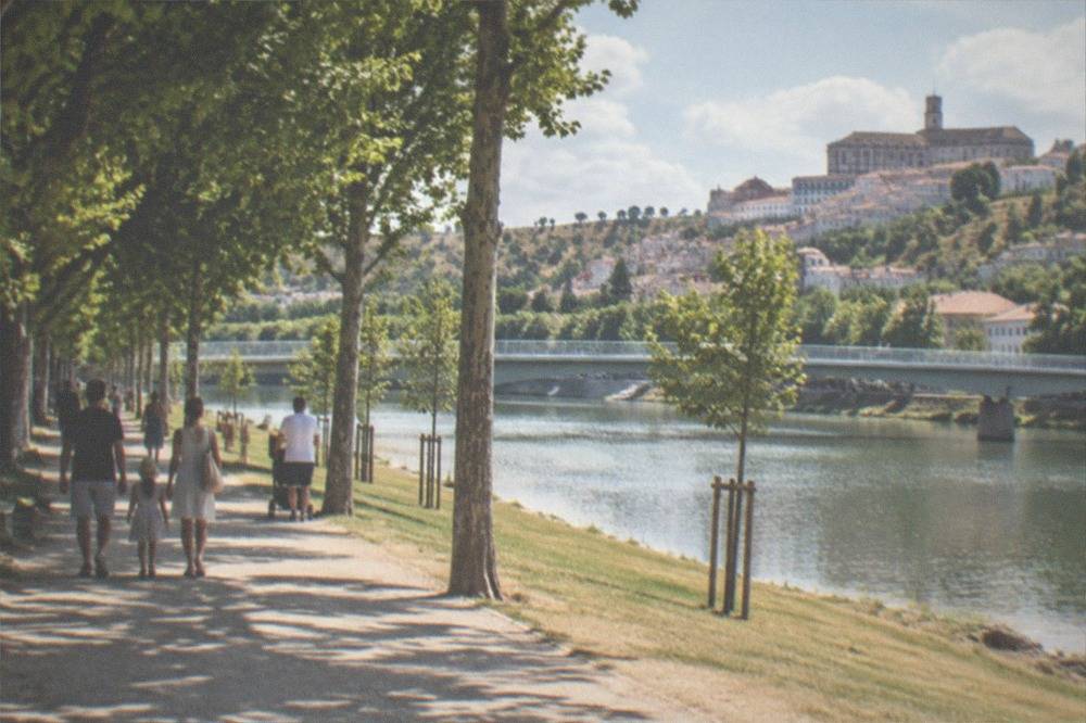 Families walking along the tree-lined riverbank path of the Parque Verde do Mondego in Coimbra