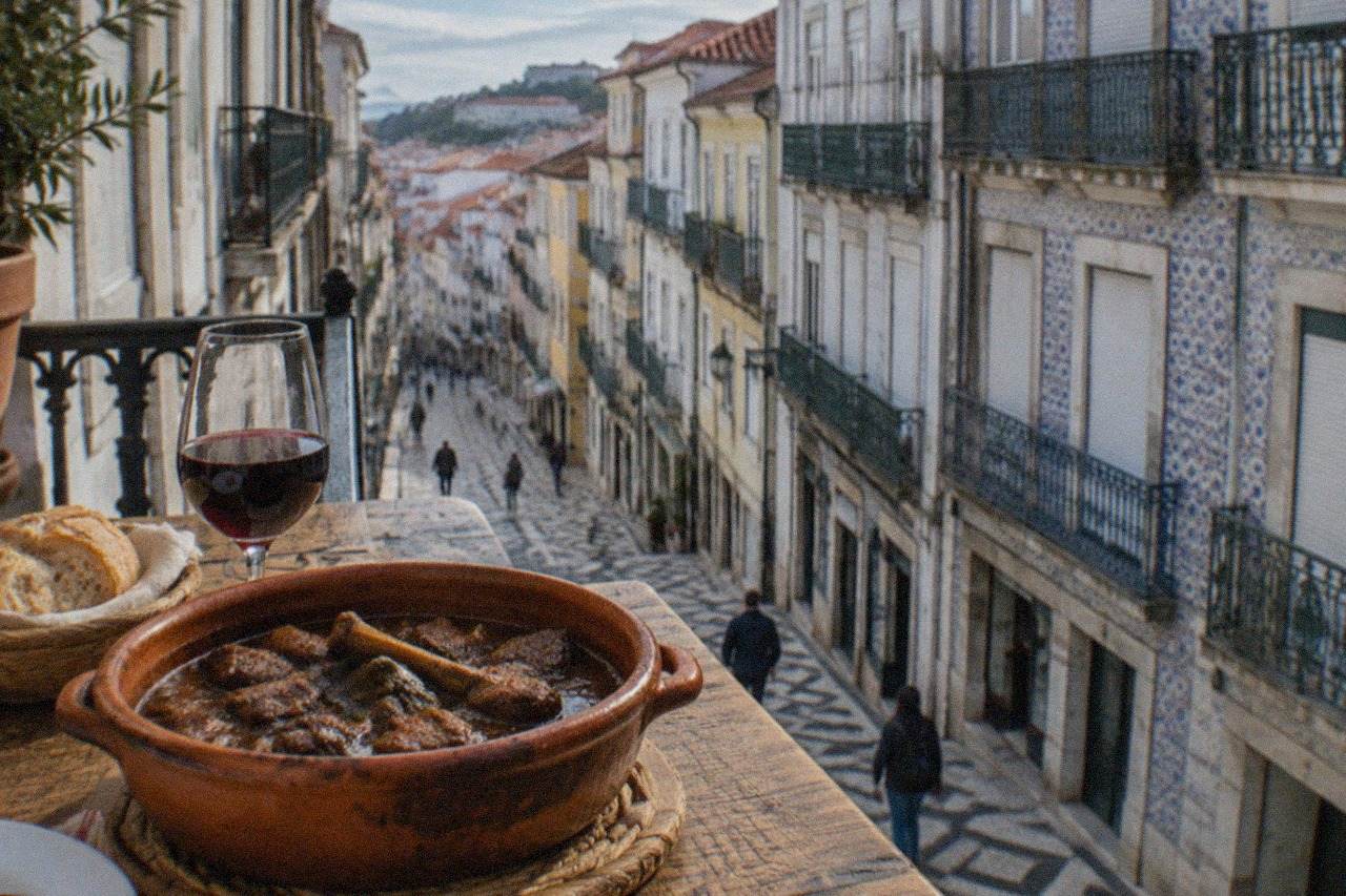 A clay pot of chanfana goat stew on a rustic wooden table beside bread and a glass of red wine
