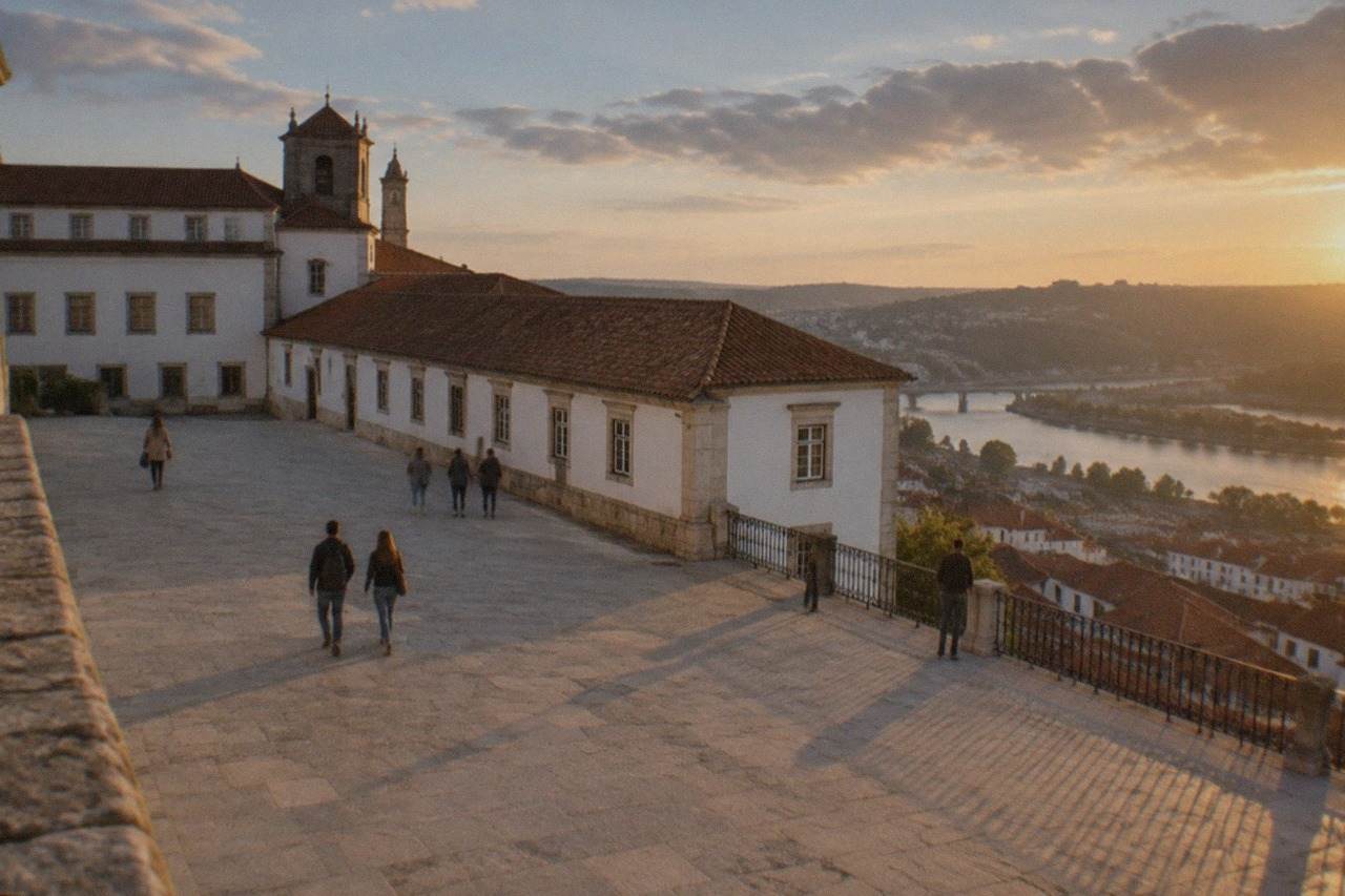 The University of Coimbra buildings on the hill above the River Mondego under a clear sky