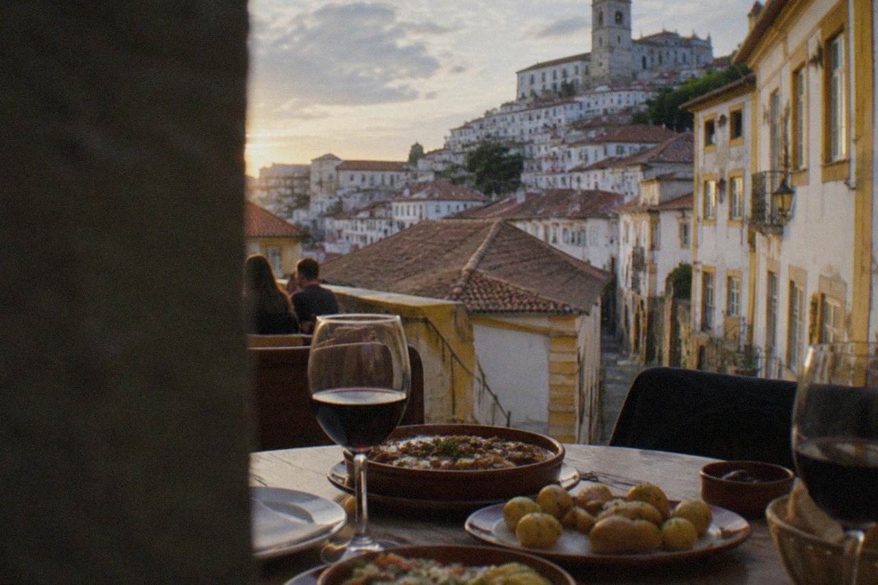 A table of Portuguese dishes with wine in a traditional restaurant in Coimbra