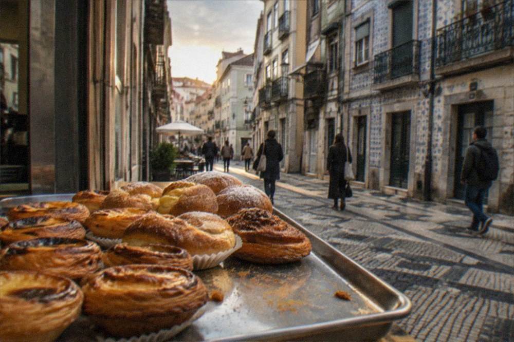A tray of Portuguese pastries and sweet buns on a café counter