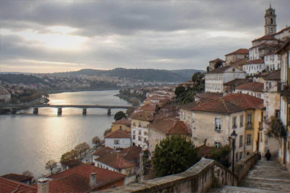 View from a Coimbra hillside terrace over rooftops toward the river in late afternoon