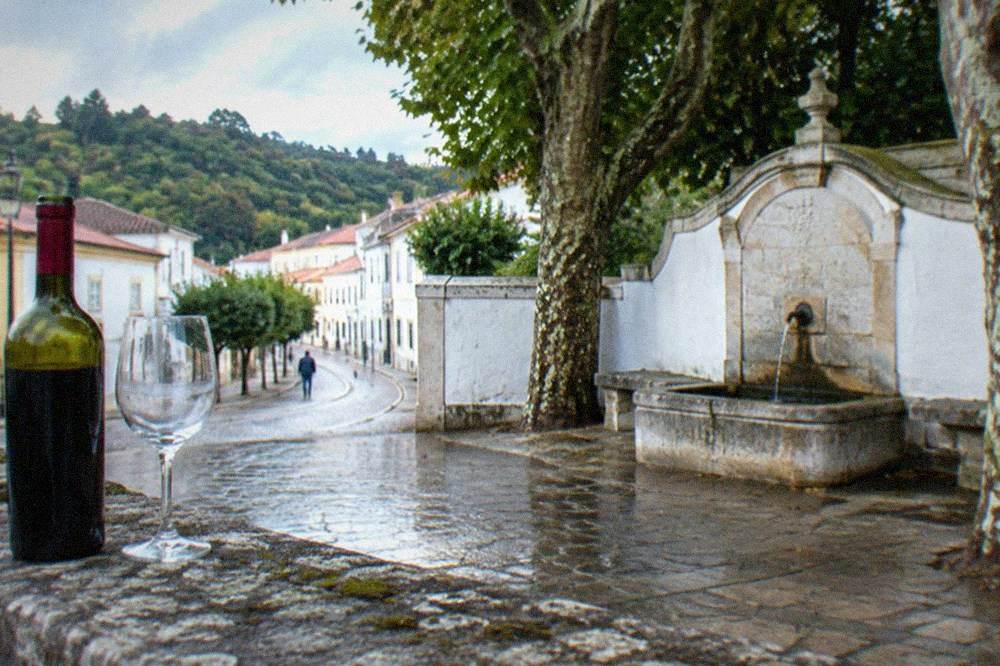 A bottle of red wine and an empty glass on a stone ledge overlooking a historic Portuguese street