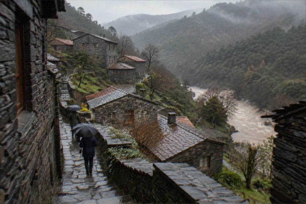 A stone schist village on the forested slope of the Serra da Lousa in winter