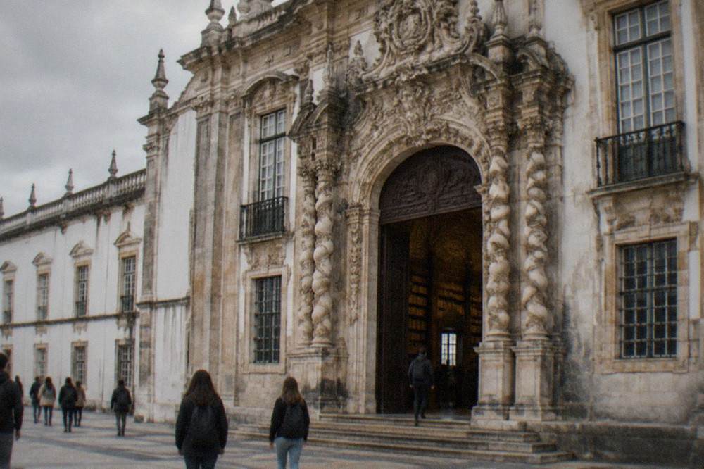 The baroque facade of the Biblioteca Joanina library at the University of Coimbra with students walking past