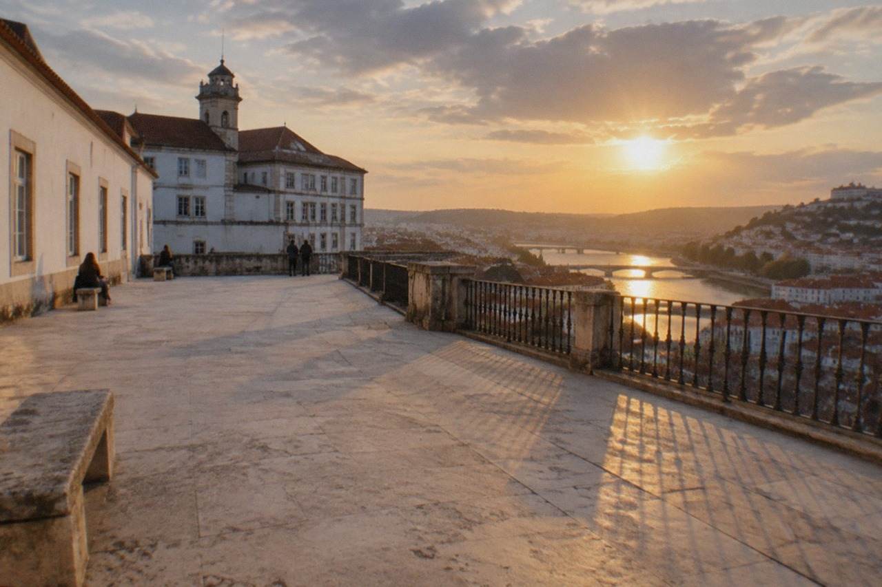 The University of Coimbra buildings and the old town seen from across the River Mondego at golden hour